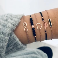 6 pcsset love heart infinity symbol charm bracelets for woman gold link chain bracelets hollow feather black beads braclet girl