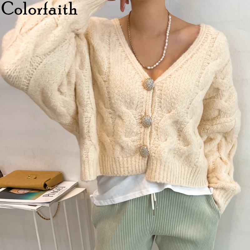 

Colorfaith New 2021 Women's Autumn Winter Sweaters Fashionable Elegant Buttons Cardigans Vintage Knitwears Short Tops SWC2311