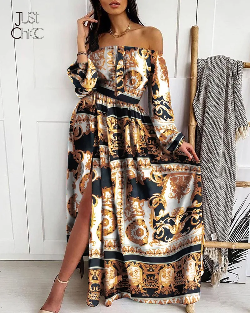Платье Justchicc с цветочным принтом открытыми плечами сексуальное осеннее платье