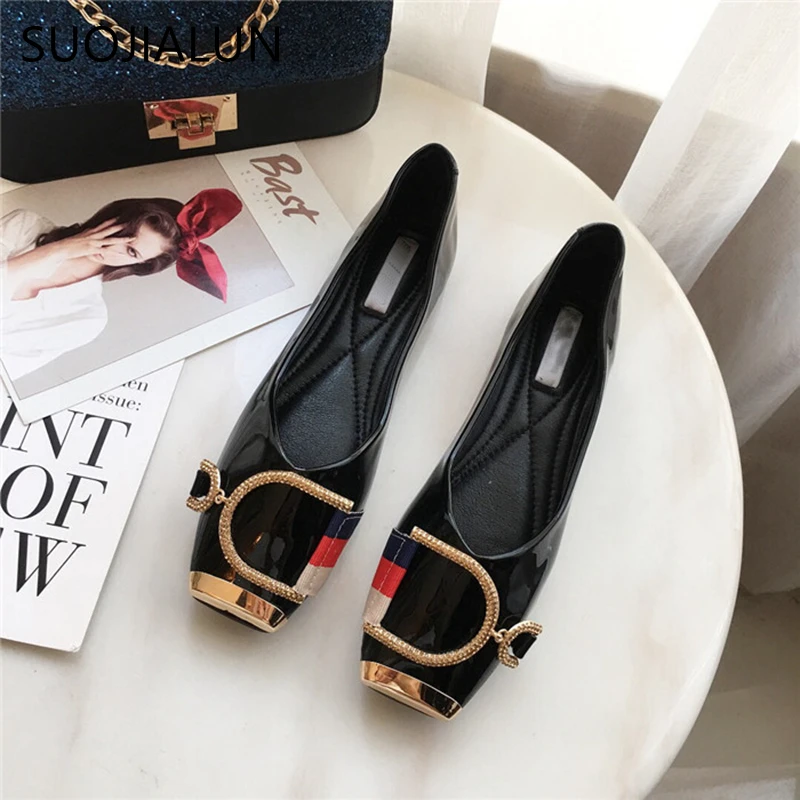 SUOJIALUN Rhinestone Buckle Flat Shoes Women Square Toe Ballerina Slip On Ladies Shoes Fashion Design Luxury Loafers Flat Shoes