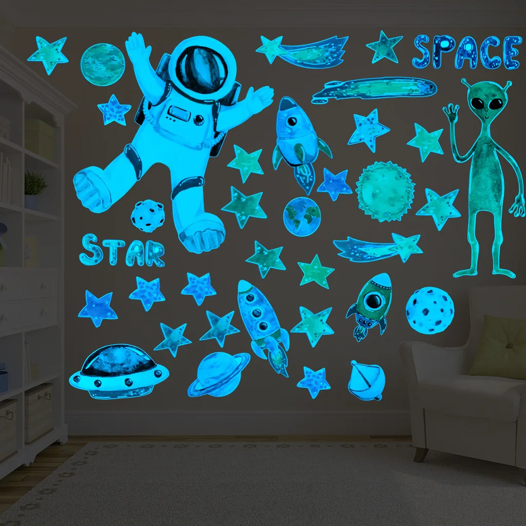 

Blue Astronaut Luminous Wall Sticker,Alien Spaceship Luminous Wall Paper,Starry Spaceship Luminous Wall Decor,Living Room Decor