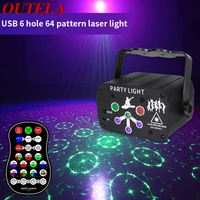 outela 6 hole 64 figure laser light stage lamp projection flashlight usb plug with remote control for bar ktv