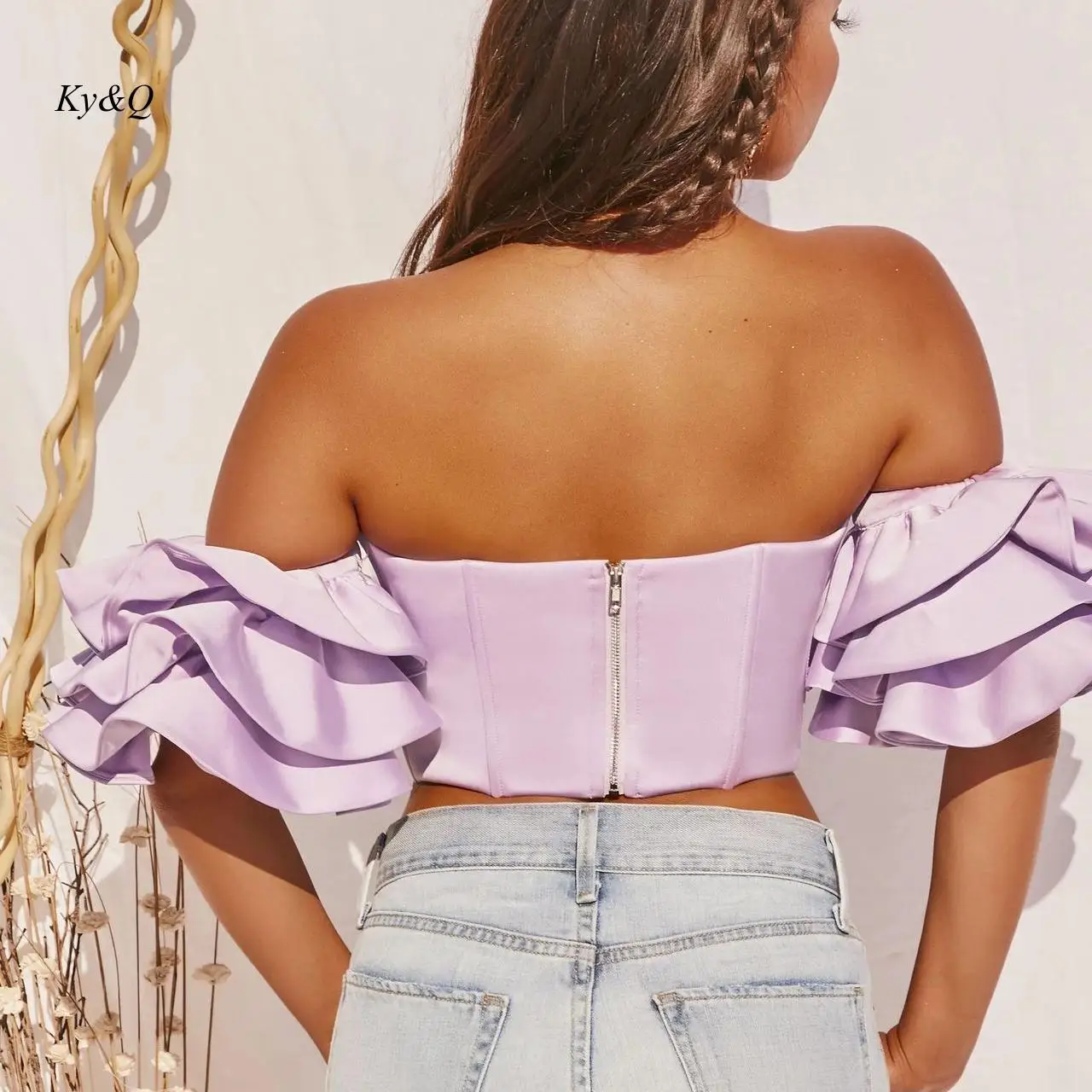 Атласный корсет-бюстье топ женские рубашки с оборками и рукавами-фонариками