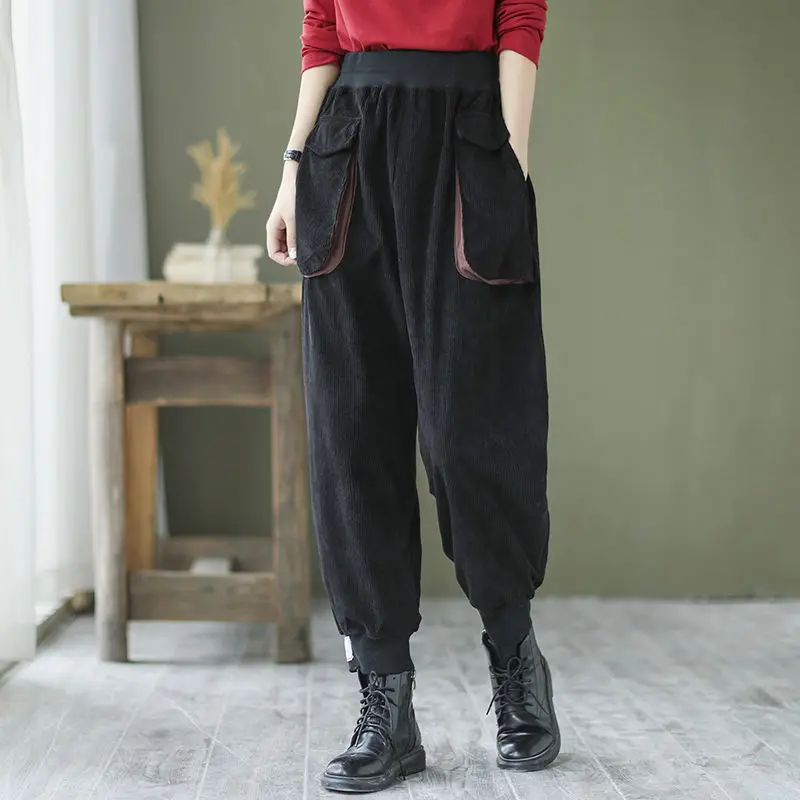 

Ankle-length Casual Spring/autumn Waist Cotton Corduroy Pocket Pants Elastic Loose Harem Pants Patchwork New W711 Women Women P