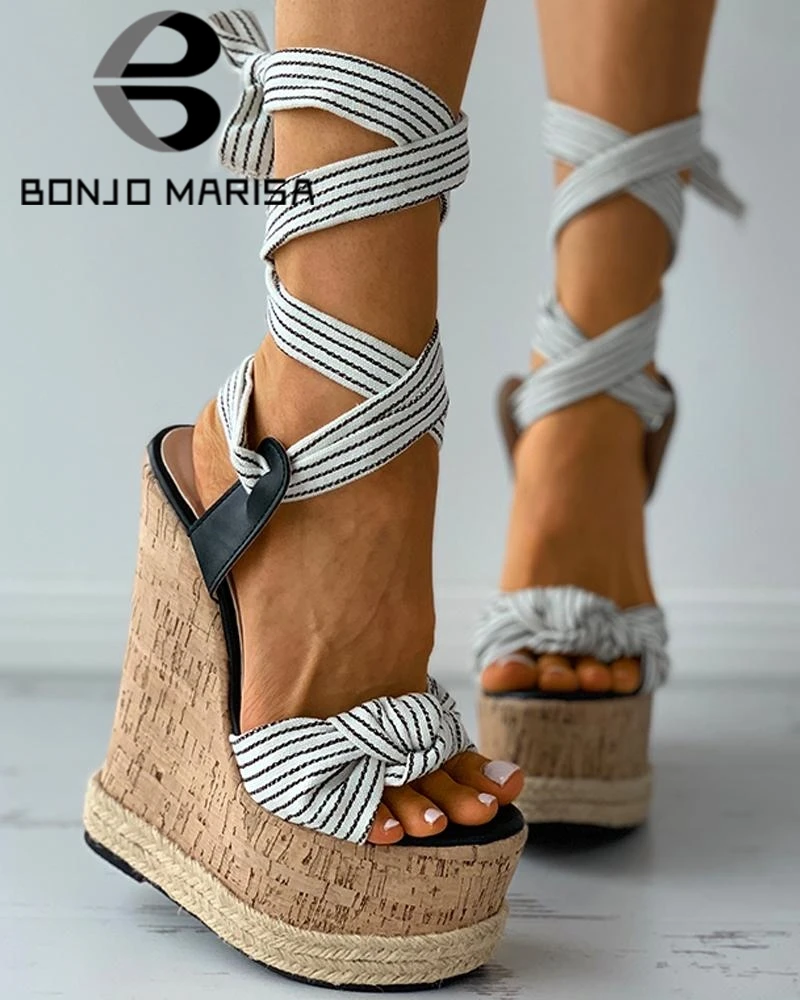 

BONJOMARISA INS Hot Sale Open Toe Bowknot Striped Ankle Strappy women's Sandals Aprty Dress Platform Wedges Summer Shoes Woman