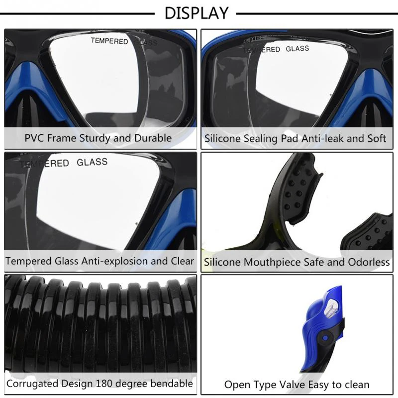 

Yon Sub Blue Professional Diving Mask Snorkel Anti-Fog Goggles Glasses Set Swimming Equipment Snorkel Breathing Tube Eye Protect