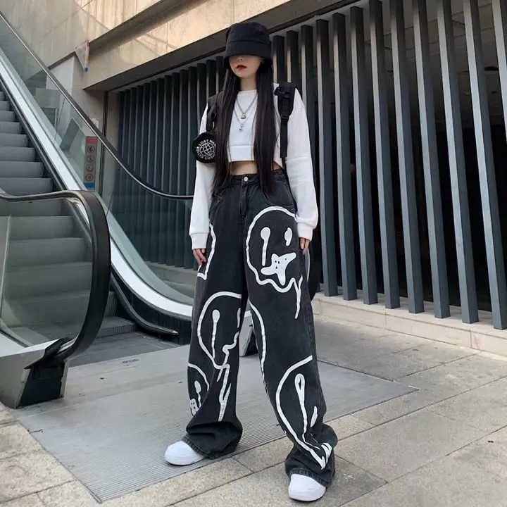 

Autumn/Winter 2021 Retro Dark Print Graffiti Casual Loose Wide Leg Jeans For Men And Women