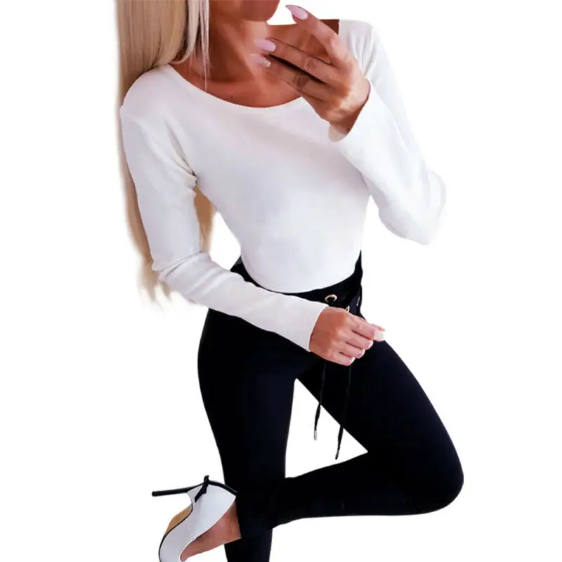 Осенняя Женская Повседневная футболка с открытой спиной и кружевным крестиком