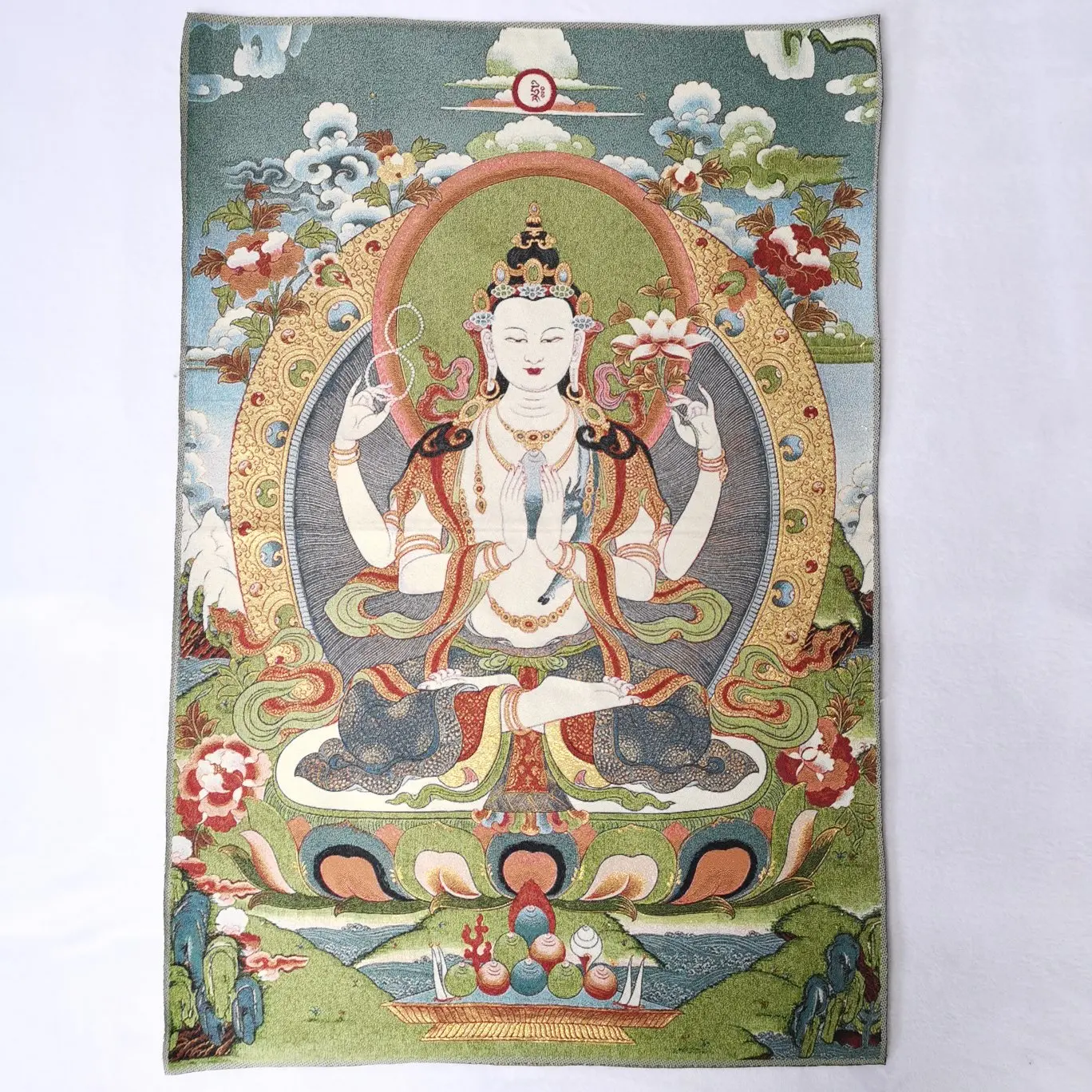 

36" Tibet Tibetan Embroidered Cloth Silk Buddhism 4 Arms Guanyin Kwan-yin Tangka Thangka Mural Buddha Home Decor