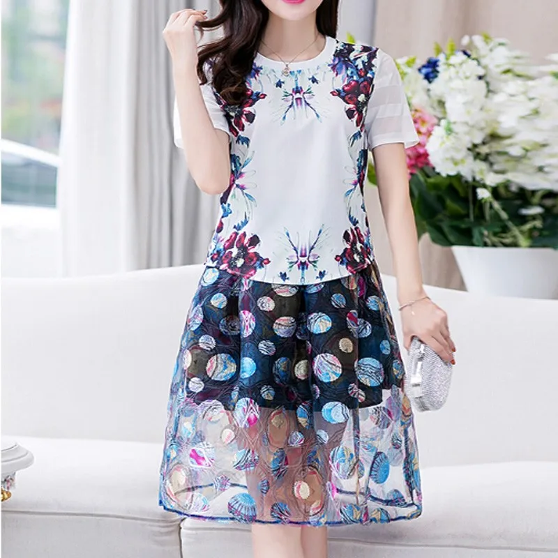 

Vintage Fashion Summer Print Two Piece Set Women Short Sleeve Floral Womens Skirt Sets Office Lady Mesh Outfit