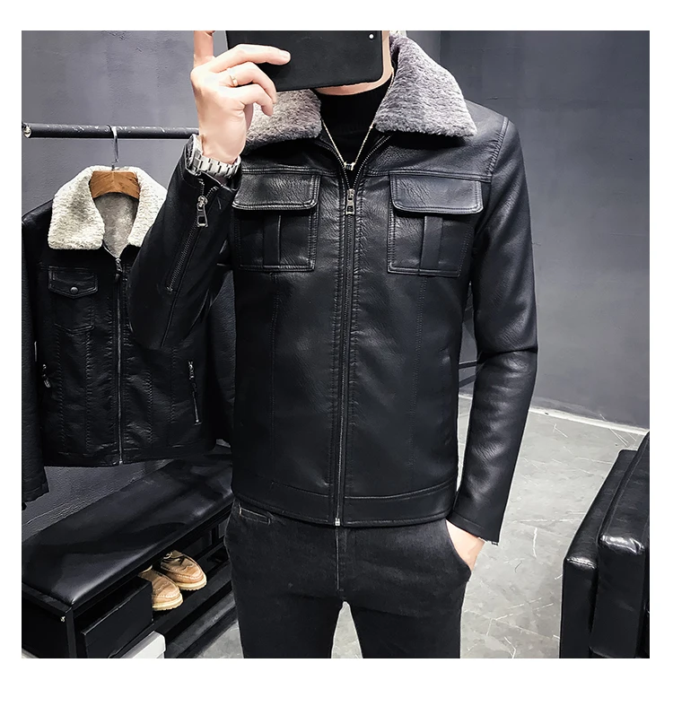 Модные мужские кожаные куртки с меховым воротником Slim Fit Chaqueta Marron Hombre кожаные куртки Мотоциклетные Куртки мужские Deri Ceket