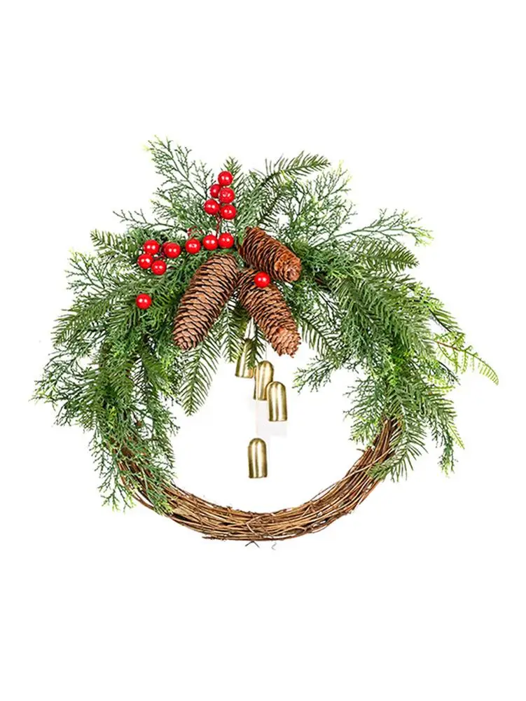 

Искусственный Рождественский венок, рождественские гирлянды, украшенные сосными конусами, колокольчиком и ротангом для стены, дома 1