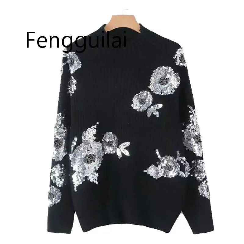 

FENGGUILAI 2019 Women Sequined Flower Knitted Sweater Loose Turtleneck Sequins Beading Pullovers Sweater Winter Thick Black Tops