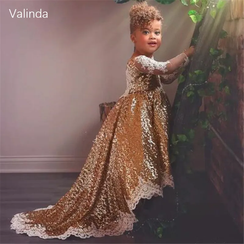 

Long Sleeves Gold Sequin Girl Dress for Wedding Birthday Formal Occasion Pageant Couture Children Clothing