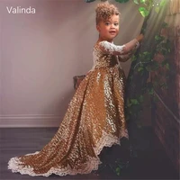 long sleeves gold sequin girl dress for wedding birthday formal occasion pageant couture children clothing