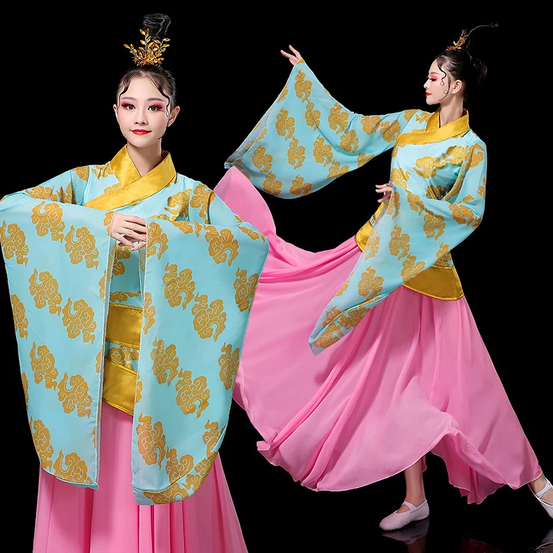 

Классические танцевальные костюмы для женщин в китайском стиле Hanfu, классическая одежда Yangko, женская модель с длинным рукавом