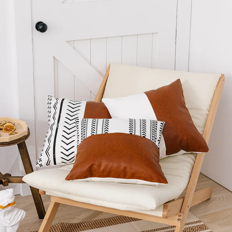 

Wholesale Pillow Cases PU Stitching Cotton Canvas Printing Pillowcase Nordic Simple Double-piece Leather Sofa Cushion Cover