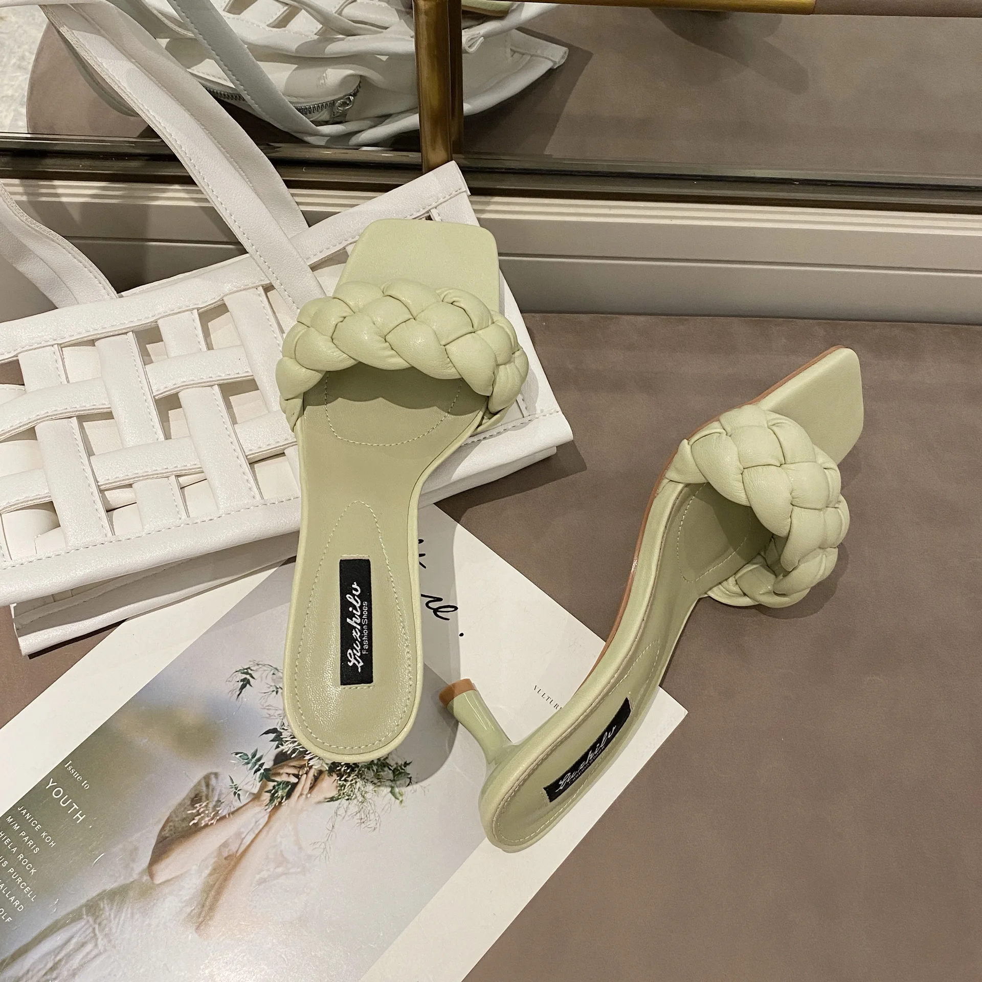 Корейские дизайнерские слиперы женские Кожаные плетеные босоножки на высоком