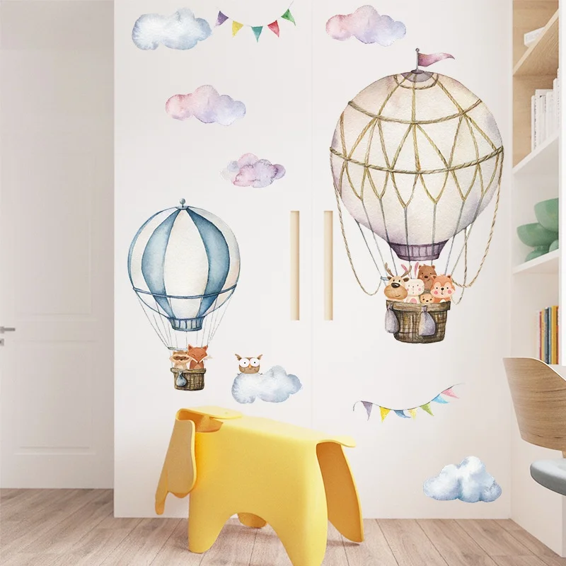 

Cartoon Animals Hot Air Balloon Wall Stickers for Kids Room Easter Party Home Decor Wall Decals Removable Murals Wallpaper