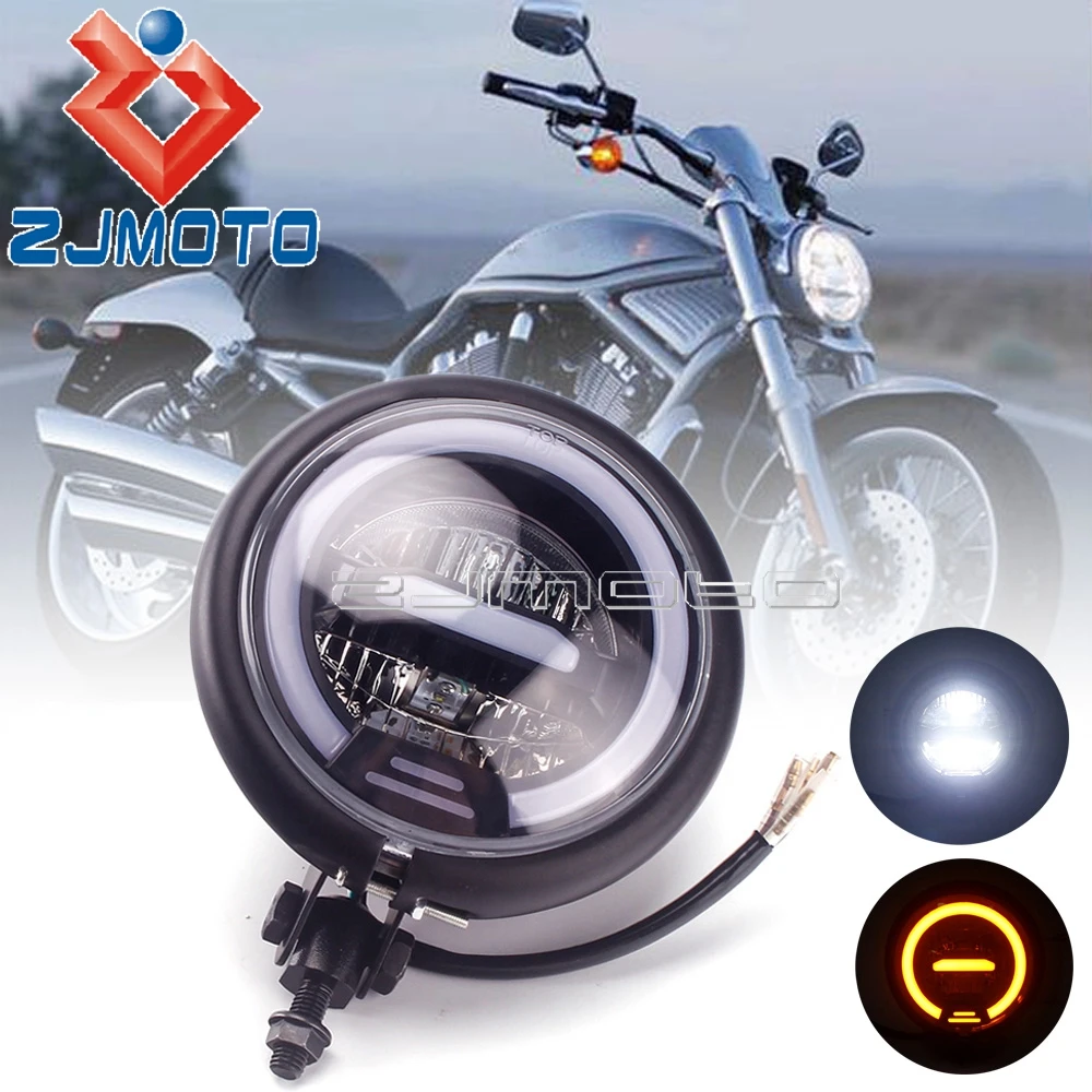 

Vintage Street Motorbike LED Front Headlight DRL Hi/Lo Beam Head Lamp Yellow For Harley Kawasaki Yamaha Honda Custom Cafe Racer