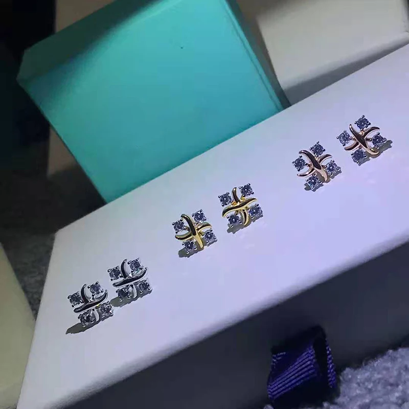 

X-shaped Earring 925 Sterling silver Jewelry Four Zircon fashion Silverware Woman accessories Multicolor Stud Valentine's gift