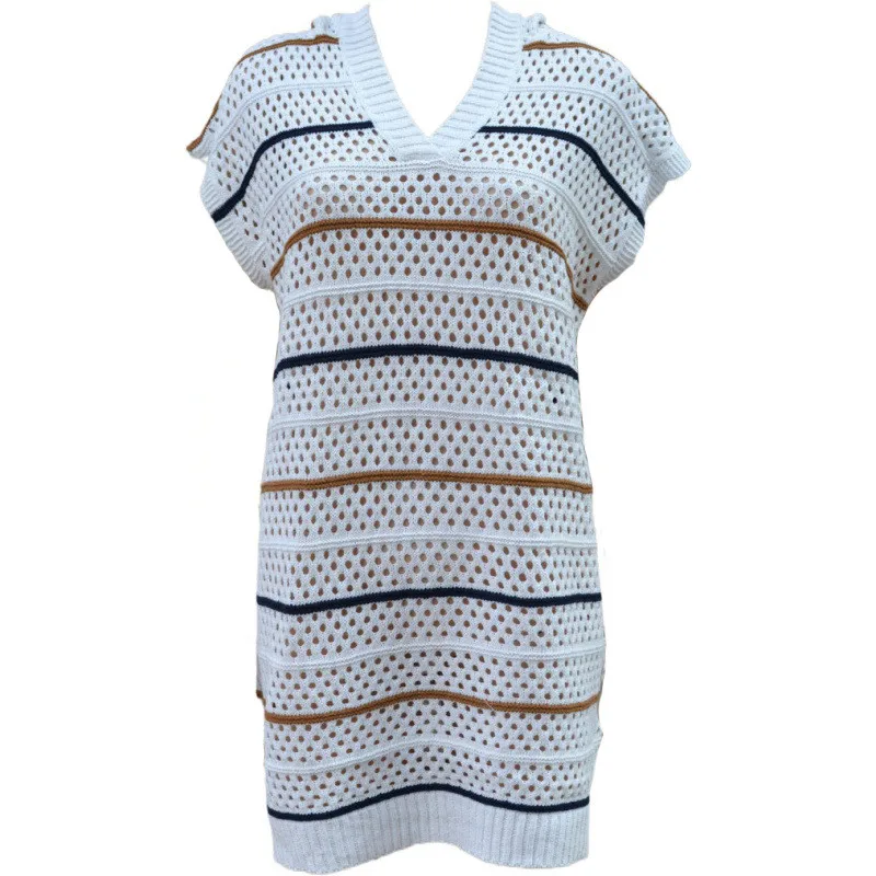

NODELAY Women Hollow Knitted beach cover up Striped Sweater Mini Dress with Hat Femme V-neck Beach Dress tunic Loose Pullover