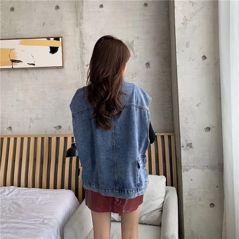 

Denim Vest Women's Loose-fitting B-sleeve-free Shoulder-wearing Vest Top Sherpa Jacket Womens Jackets Single Breasted Vest