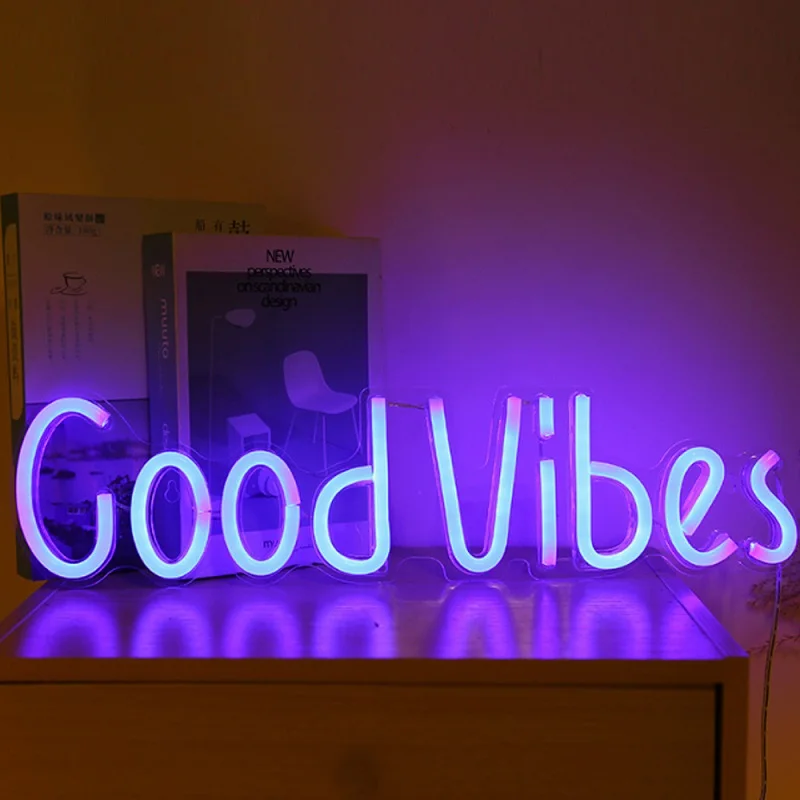 Светильник неоновая вывеска Hello Good Vibes USB Радужная настенная подвесная