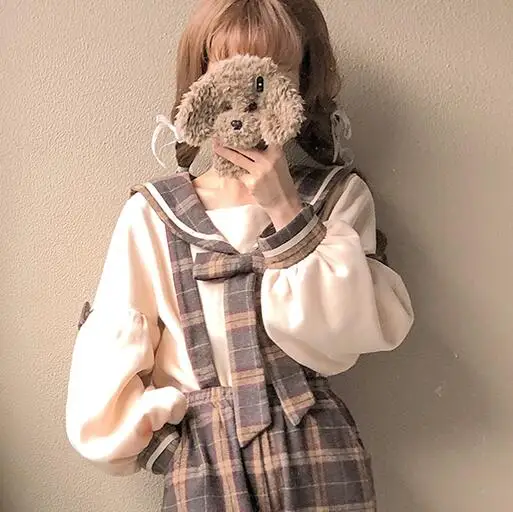 Японский стиль, винтажные клетчатые юбки на подтяжках, Harajuku, милые юбки с высокой талией, женские трапециевидные Повседневные мини-юбки для девочек - Цвет: Only Hoodies