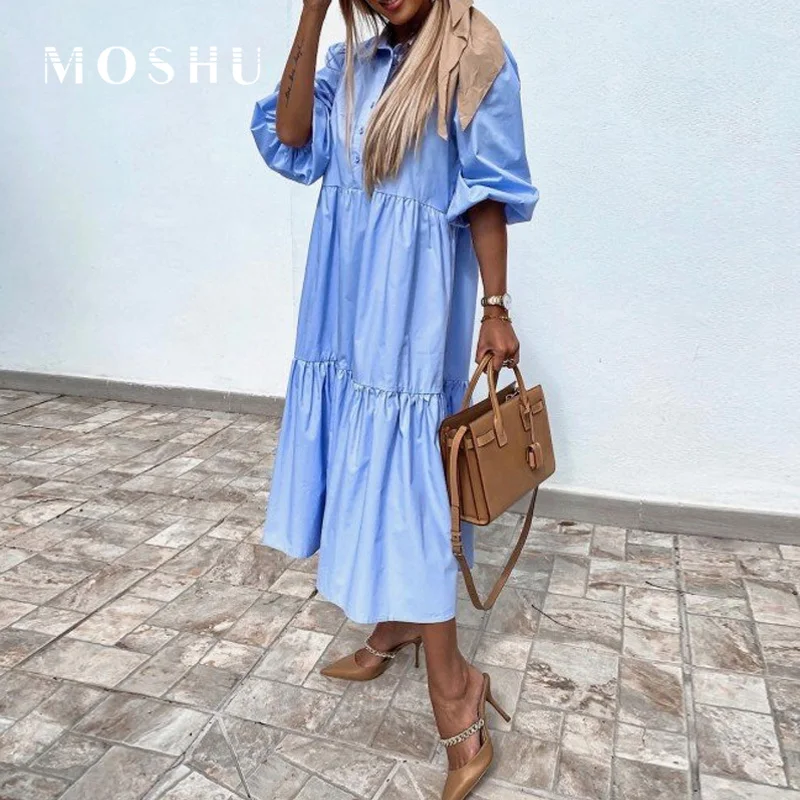 

2021 Summer Loose Party Dress Women Sexy Ruffle Sleeved Office Lady Retro Dress Half Sleeve Solid Long Shirt Dress 2XL