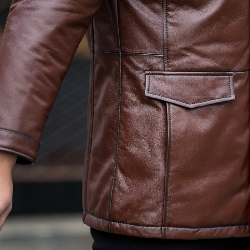 

Leather Genuine Jacket Men Autumn Winter Real Cow Leather Coat Wool Collar Slim Cowhide Down Jacket 2020