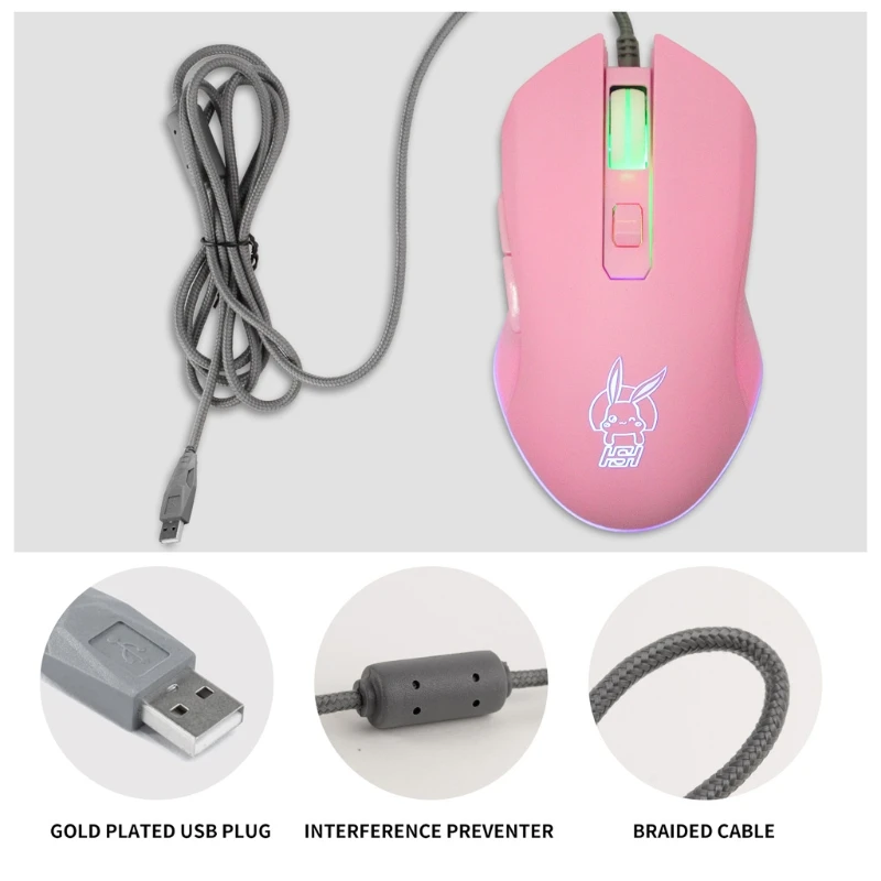 

Cute Rabbit USB Mouse LED Backlight 2400DPI Wired Mouse for PC Laptop Notebook 103F