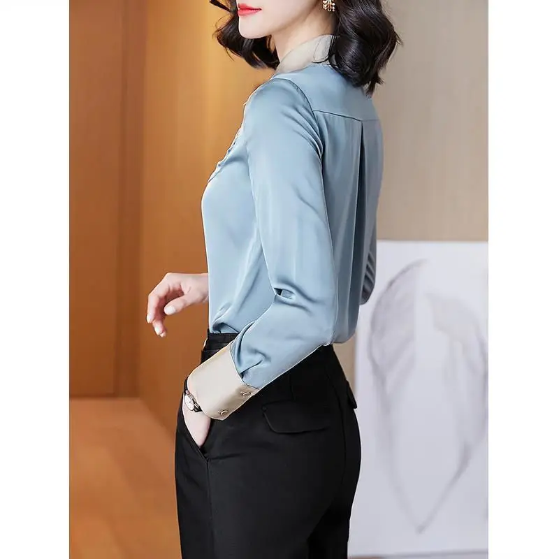 

Satin shirt women's 2021 spring dress new foreign style fashion embroidered shirt light blue slim long sleeve French top