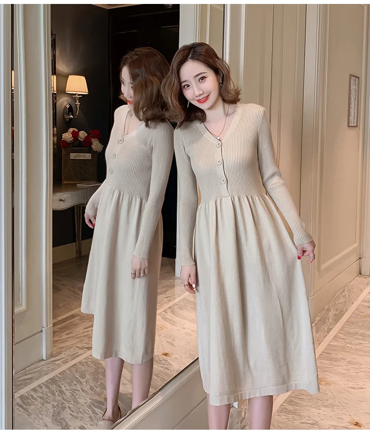 

2019 Autumn Winter Maternity Nursing Dress For Pregnant Women Breastfeeding Clothes Sweater Dress V-neck Stretch Maternity Dress