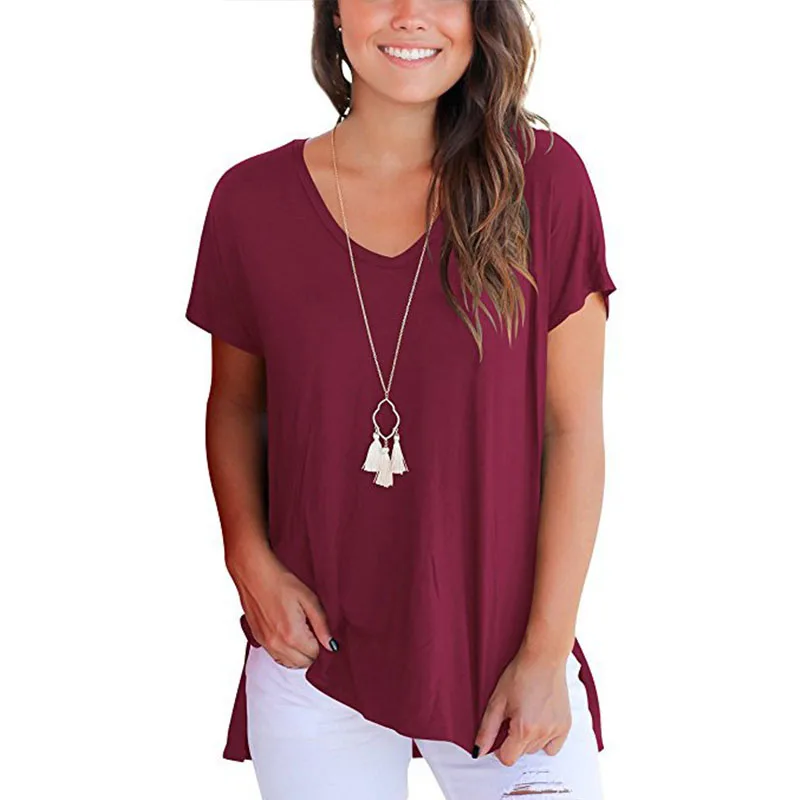 

2021 Summer Fashion Plus Size T-shirt Women V-neck Short Sleeve Hem Asymmetrical Split Ladies Casual Streetwear Solid Tee Shirt