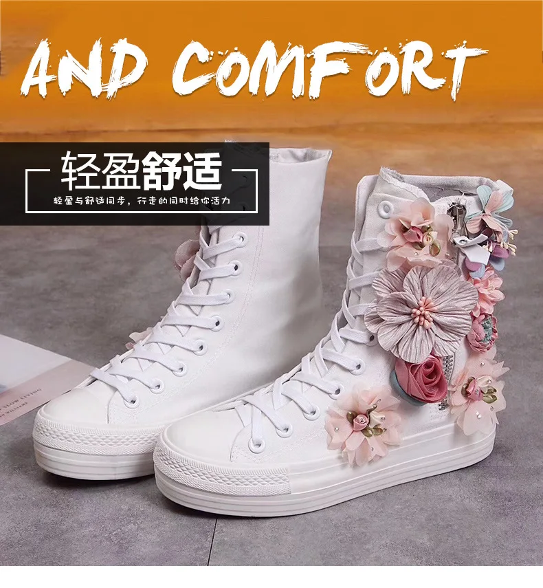 

New high-side thick-soled canvas shoes Korean version heavy-duty drill flower sequins sweet lady princess cloth single shoes