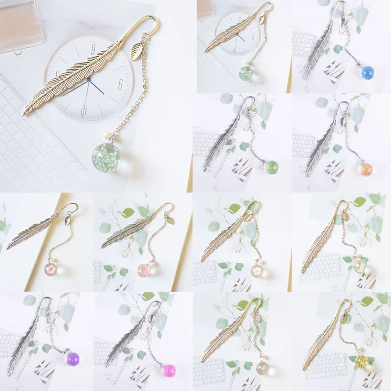 Сушенный цветочный образца Закладка для книги Винтаж перо Металл книга клип