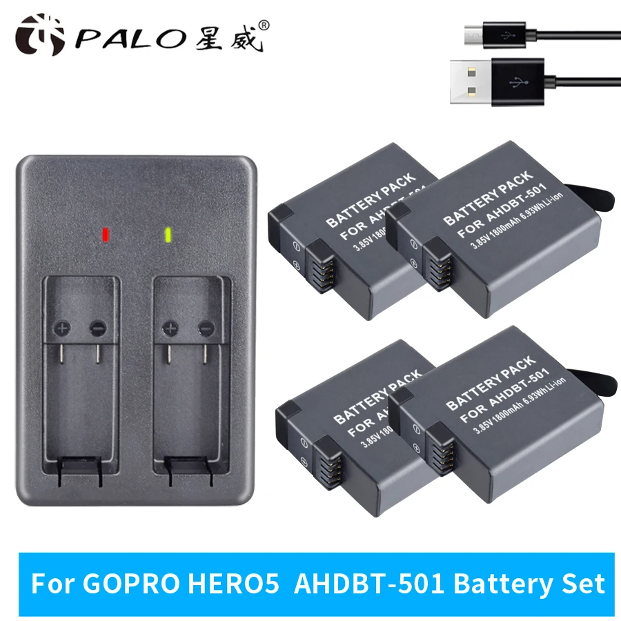 4 шт. аккумуляторы 1800 мАч для экшн Камеры GoPro Hero 5 Gopro 6 AHDBT501 + 1 слот светодиодное