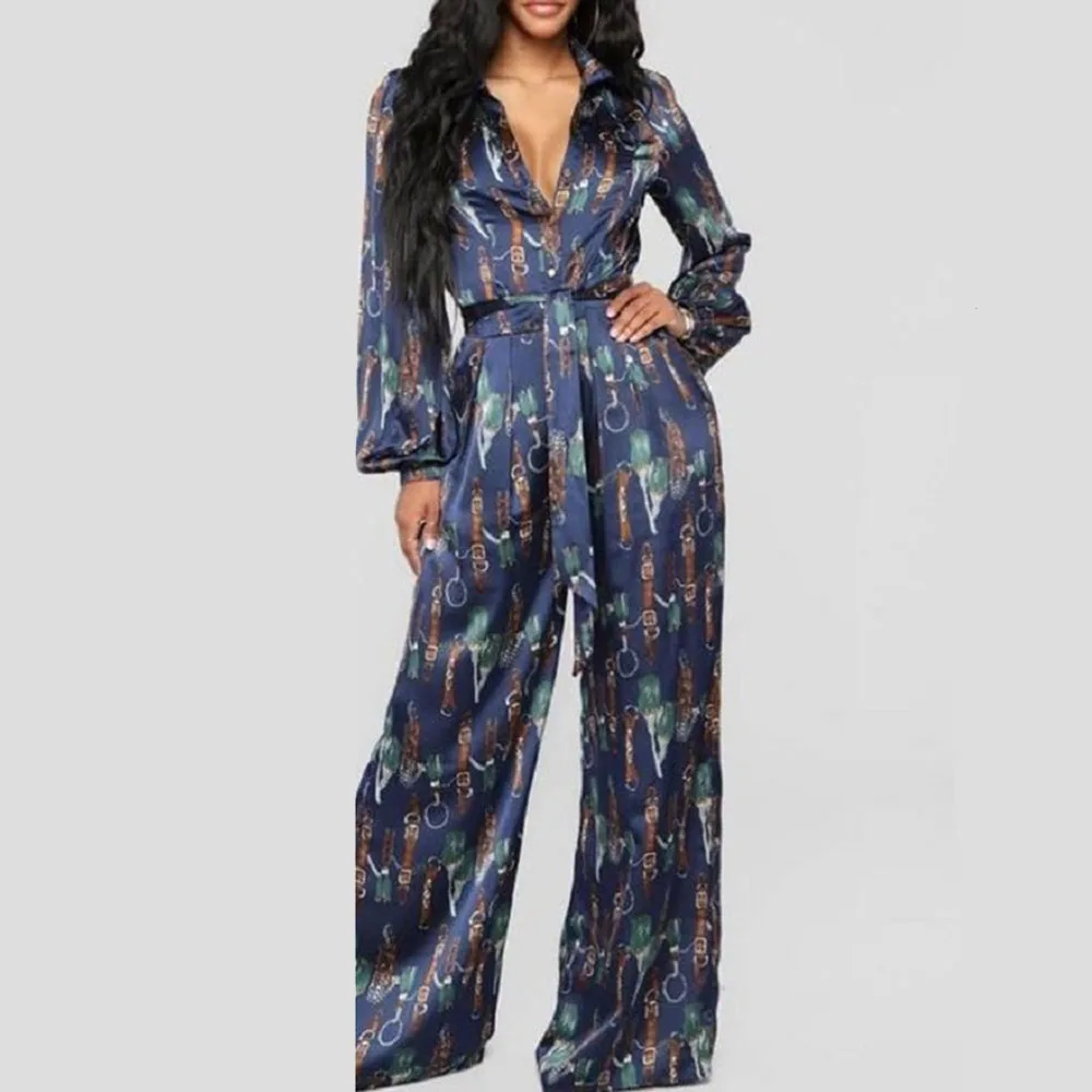 

Western Style African Jumpsuit 2021 Summer New Fashion Temperament Printing V-neck Long Sleeve High Waist Lapel