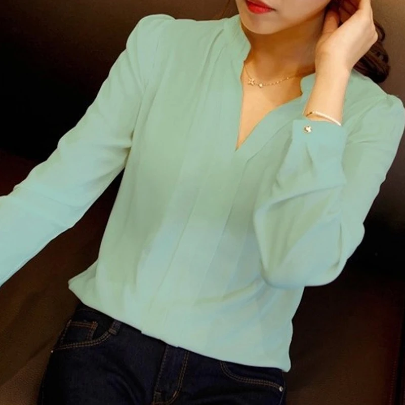 

Fashion Women's Solid White Shirts Office Lady Workwear Spring Summer Long Sleeve Chiffon Blouse Female Elegant V-Neck Tops