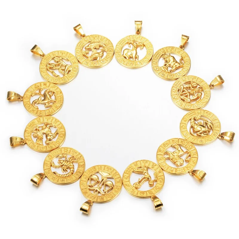 

New Fashion 12 Constellation Zodiac Sign Stainless Steel Round Tag Pendant Necklace With Chain Hip Hop Jewelry