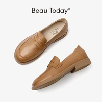 beautoday leather loafers women sheepskin penny shoes round toe slip on ladies comfortable flats handmade 27474
