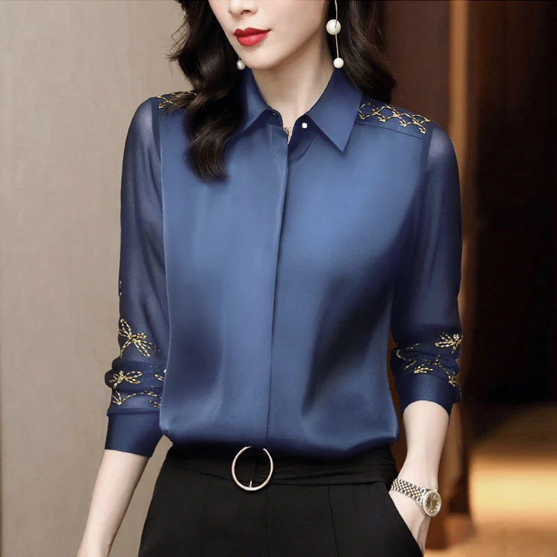 

Chiffon Blouses Shirts Lady Embroidery Long Sleeve Turn-down Collar Lace Decor Blusas Tops Women Spring Autumn Style