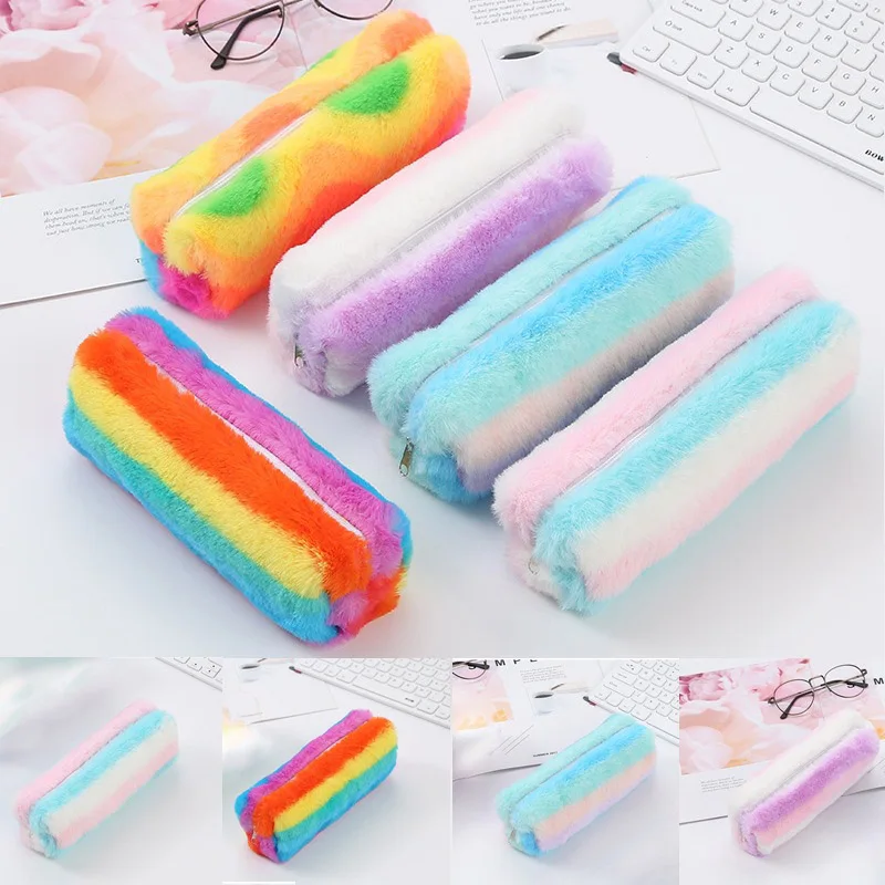 Kawaii плюшевый чехол для ручки милый Радужный карандаш Большая вместительная