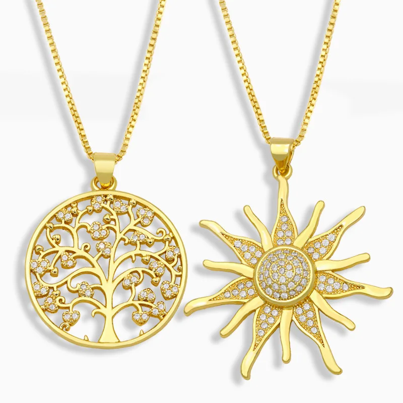 

New Fashion Charm Sun Flower Necklace Tree of Life Pendant Plated 14K Gold Luxury Party Zircon Party Jewelry