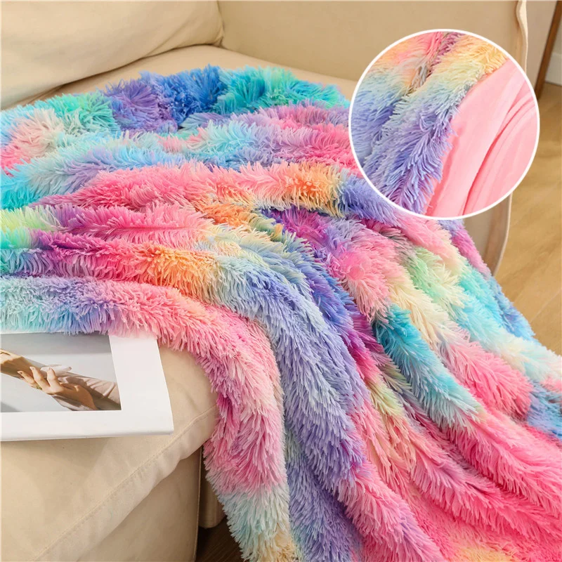 

Double Layer Blanket Winter Cozy Warm Long Plush Rainbow Throw Blanket For Sofa Bed Colorful Furry Fluffy Tie Dye Bedspread