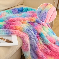 double layer blanket winter cozy warm long plush rainbow throw blanket for sofa bed colorful furry fluffy tie dye bedspread