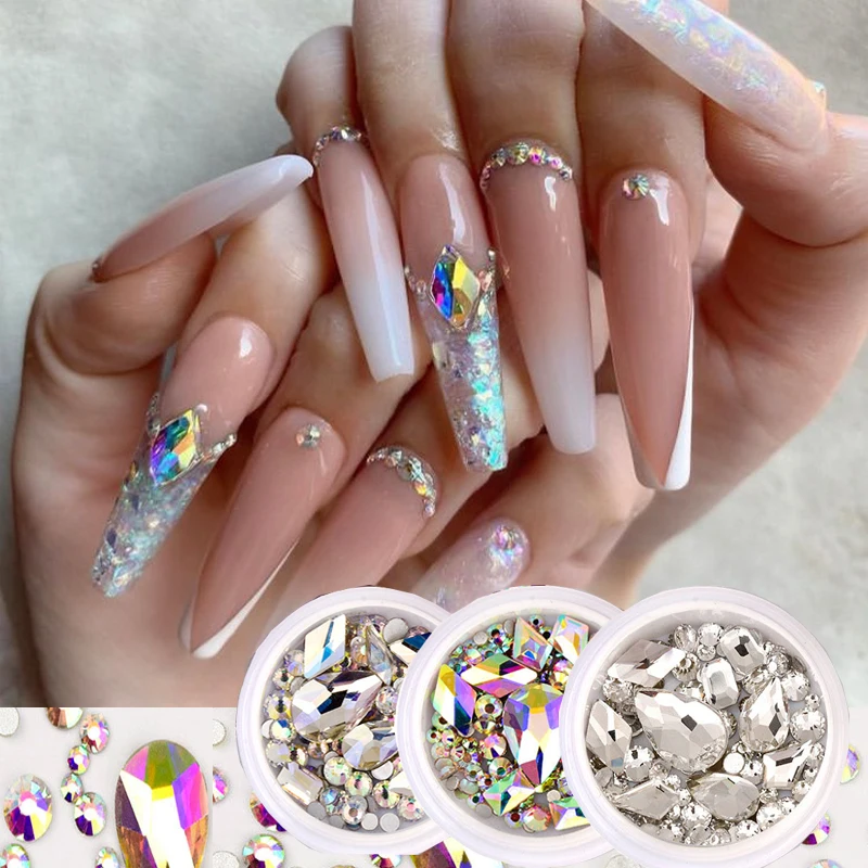 

1 Box Glitter 3D Rhinestones Mixed Size Nail Gems Crystal AB Flat Back Shiny Stones Nail Art Decorations Irregular Beads Nail