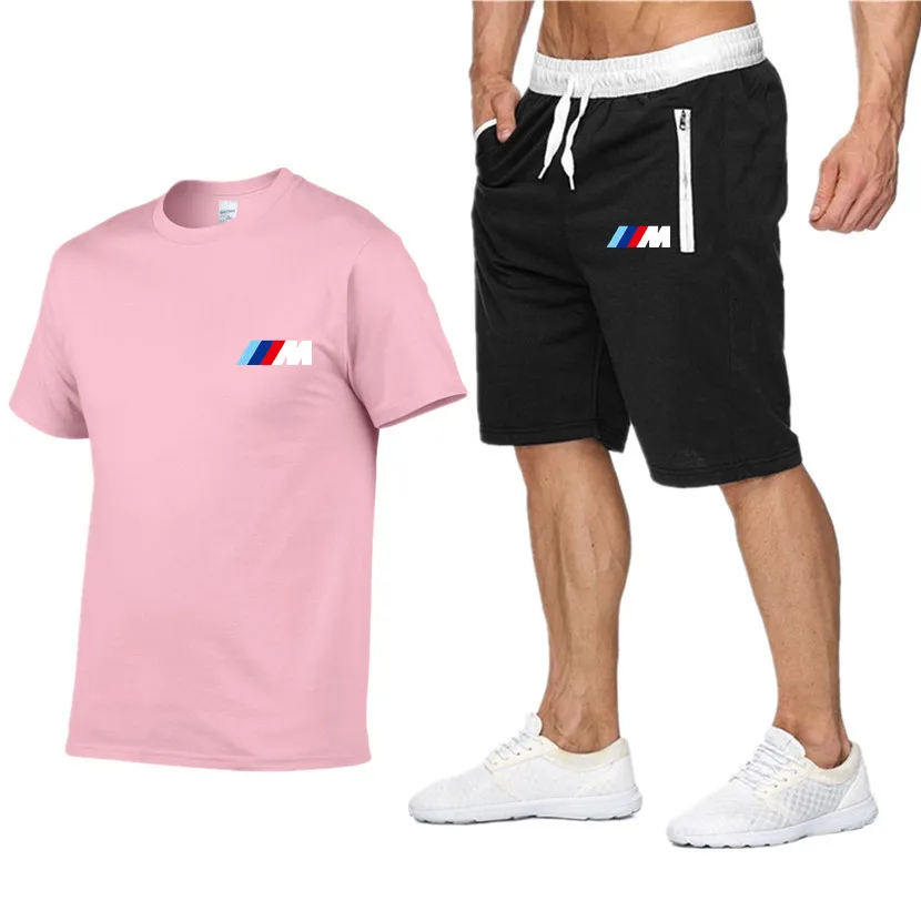 

2021 Summer Men's T-shirt Set 2-piece Men's Sportswear Suit Basketball Sports Fitness BMW Printed Short Sleeve + Men's Suit