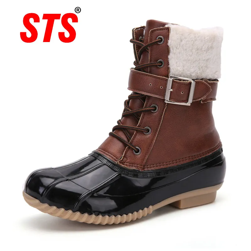 

STS Women's Boots Lady Duck Boots Fur Waterproof Zipper Rubber Sole Women Rain Boots Lace Up Ankle Shoes Fur Winter Lady Shoes